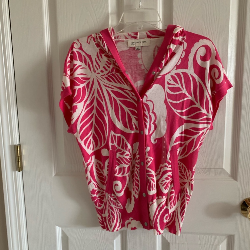 Jones New York Pink Hooded Short Sleeve Floral Lightweight Hoodie Size Small